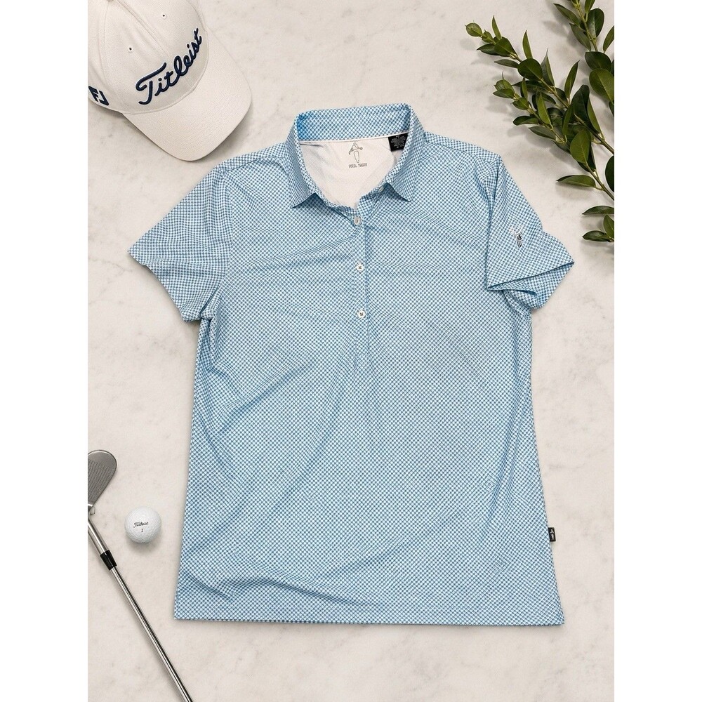 Full Turn Women’s Baby Blue Gingham Golf Polo Deer Embroidered Logo Size M